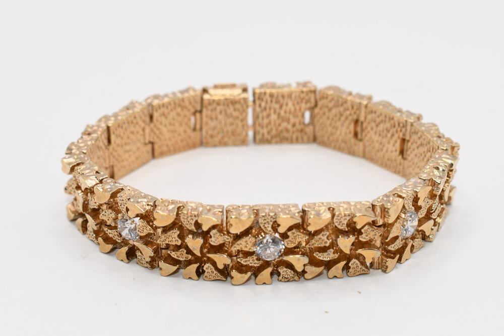 Vintage Gold Plated Nugget Bracelet CZ Stones Hidden Clasp 8 Inch Wide Link